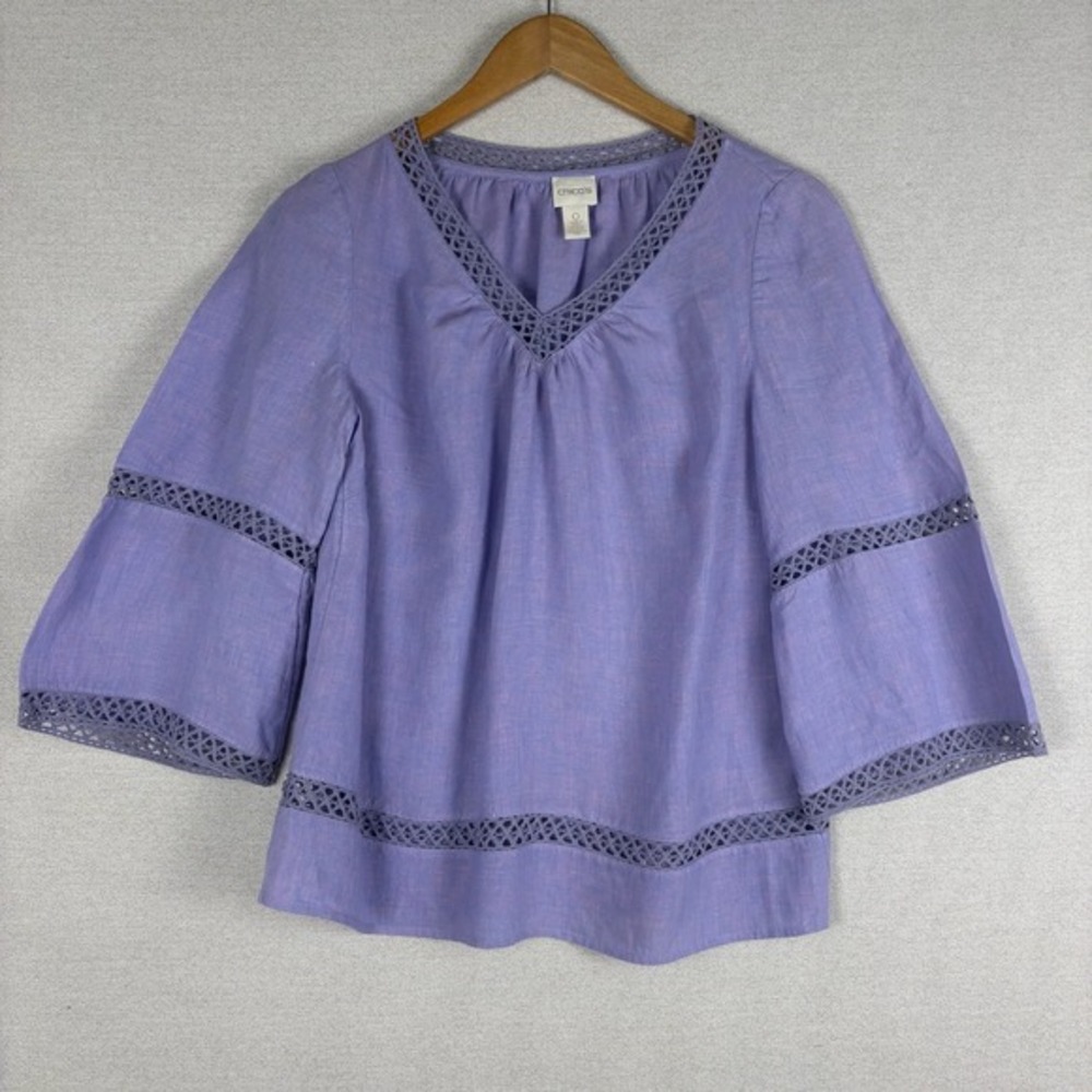 Chicos Blouse Womens 0/S Linen Bell Sleeve Crochet Lace Coastal Peasant Preppy